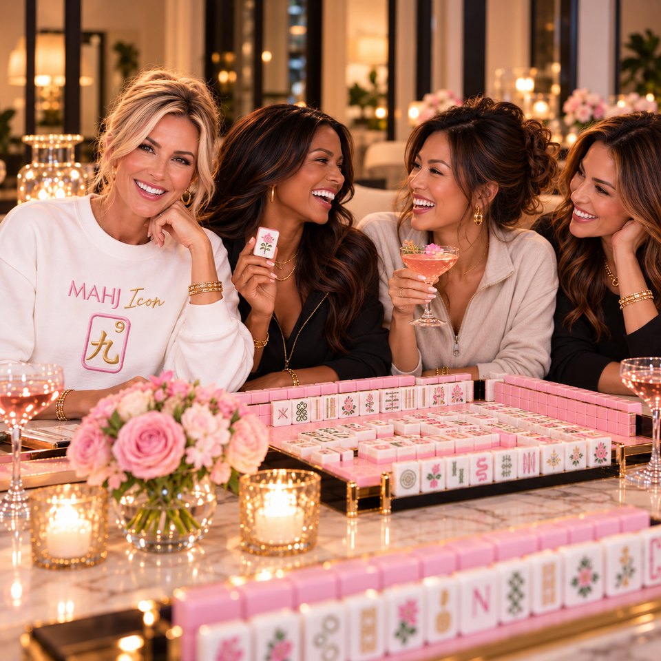 Four women laughing together over a pink mahjong set, rose cocktails, blush flowers and candles in an elegant golden-hour room